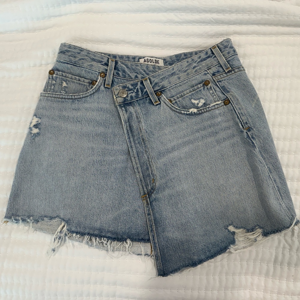 Agolde Criss Cross “Broken” Wrap Distressed Mini Skirt Size 26
